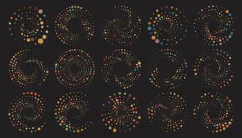 Colorful halftone round elements set, twisters collection, halftone circular textures with dots, circle halftone tornado isolated on black background vector