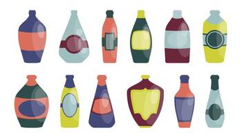 Bottles with labels from different alcohol drinks, collection isolated on white. vector