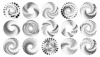 Halftone round elements, twisters, halftone circular textures with dots, radial halftone tornado vector