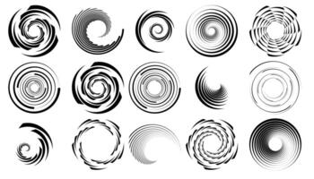 Striped halftone round elements, twisters, halftone circular textures with stripes, radial halftone tornado vector