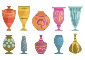 Colorful vases with ornaments different collection isolated on white background. vector