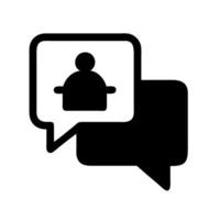 A black and white icon of a person in a speech bubble vector