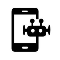 A black and white illustration of a robot on a cell phone vector