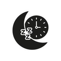 Crescent Moon And Clock Silhouette Icon. Sleep Time Concept With ZZZ Glyph Symbol. Bedtime Reminder. Isolated Illustration vector