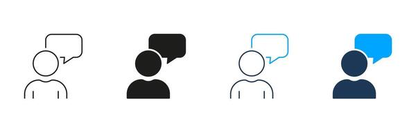 Man With Speech Bubble Line and Silhouette Icon Set. Dialog, Opinion, Brainstorm Pictogram. Communication In Chat Symbol. Customer Feedback. Editable Stroke. Isolated Illustration vector