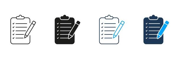 Paper Document With Pen Line and Silhouette Icon Set. Write Check List Pictogram. Business Contract Page Symbol. Signature On File Sign. Editable Stroke. Isolated Illustration vector