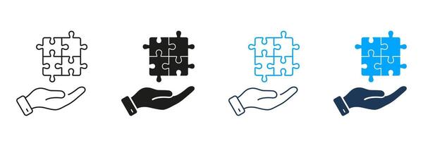 Jigsaw Piece, Success Teamwork Line and Silhouette Icon Set. Strategy, Problem Solving, Solution, Idea Sign. Puzzle and Human Hand Icon. Editable Stroke. Isolated Illustration vector