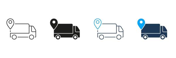 Delivery Service Truck with Pin Location Line and Silhouette Icon Set. Shipment Route Pictogram. Order Dispatch, Van Navigation Symbol. Editable Stroke. Isolated Illustration vector