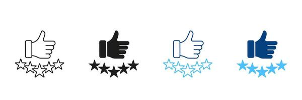 Thumb Up With Five Stars Line and Silhouette Icon Set. Customer Satisfaction Pictogram. Best Quality Symbol. Review Sign. Positive Feedback. Editable Stroke. Isolated Illustration vector