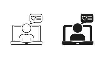 Comment, Feedback, Message Sign. Online Chat Line and Silhouette Icon Set. Laptop With Man And Speech Bubble Pictogram. Dialog Symbol. Editable Stroke. Isolated Illustration vector