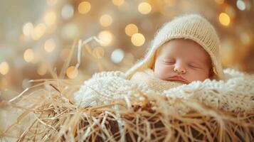 Baby Jesus sleeping in straw manger photo