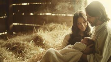 Nativity scene Mary and Joseph with baby Jesus in a straw stable photo