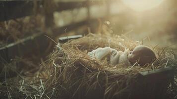 Child Jesus lays in a hay bale manger nativity scene photo