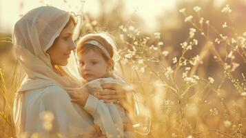 Mother and daughter in a field of flowers photo