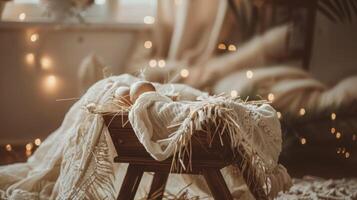 Baby Jesus in a wood manger in straw in a cold night Christmas nativity scene photo