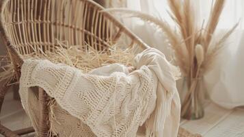 A wicker chair with a woven cloth photo
