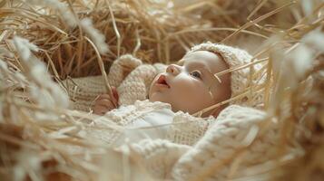 Baby Jesus in a hay bale manger photo