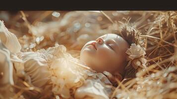 Baby Jesus sleeping in a straw stable photo