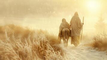 A man and woman ride a horse through a snowy field photo