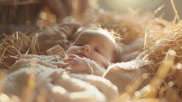 Baby Jesus is laying in a straw manger photo