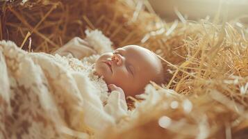 Baby Jesus sleeps in a hay bale manger in stable Nativity photo