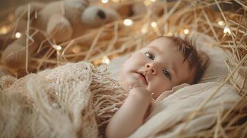Baby Jesus lying in a straw manger with Christmas lights photo