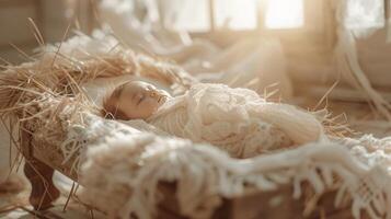 Baby Jesus lying in the wood manger with straw in stable photo
