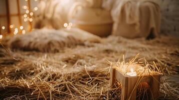 Nativity night scene straw stable with candles photo