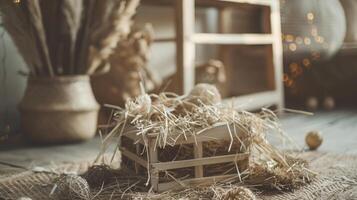 A wooden manger in straw photo