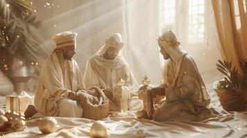 The three wise men with gifts kneeling in reverence before the newborn Jesus photo