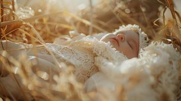 Baby Jesus sleeping in straw manger photo