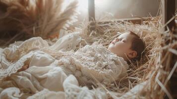 Baby Jesus sleeping in a straw manger Nativity photo