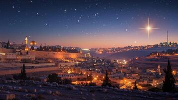 A peaceful Bethlehem night scene with shining star above the stillness of the city photo