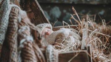 Baby Jesus in a wood manger in straw in a cold night nativity scene photo