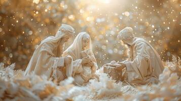 The three wise men with gifts kneeling in reverence before the newborn Jesus Nativity scene photo