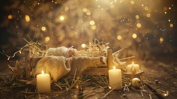Cozy Manger Scene Christmas card with a manger and candles Nativity image photo