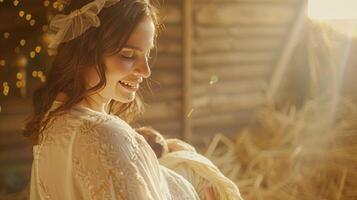 Mary pregnant in straw stable Nativity scene photo