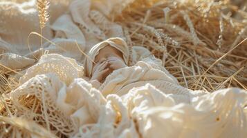 Baby Jesus in a straw manger nativity scene photo