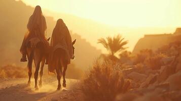 Two people riding horse in the desert photo