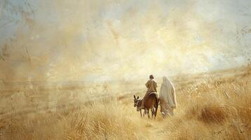A man and a woman ride a horse through a field photo