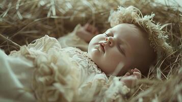 Baby Jesus is sleeping on a hay bale with a white cloth photo