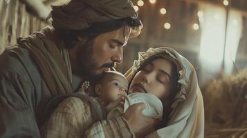 Mary and Joseph with baby Jesus in arms in a stable nativity scene photo