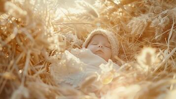 Baby Jesus sleeping in a straw manger photo