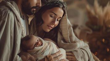 Mary and Joseph with baby Jesus in a stable nativity scene photo