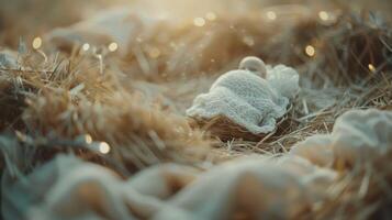 Straw manger and baby Jesus in night photo