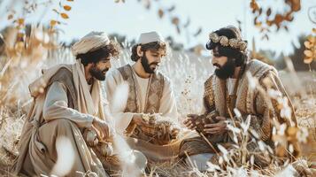 The three wise men with gifts for baby Jesus photo