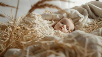 Baby Jesus is laying in a manger with a blanket photo