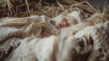 Baby Jesus sleeping in a straw stable in manger Nativity photo