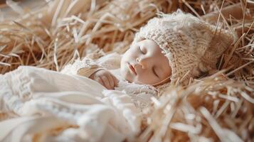 Baby Jesus sleeping in hay manger nativity photo