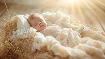 Baby Jesus sleeping in the straw manger photo